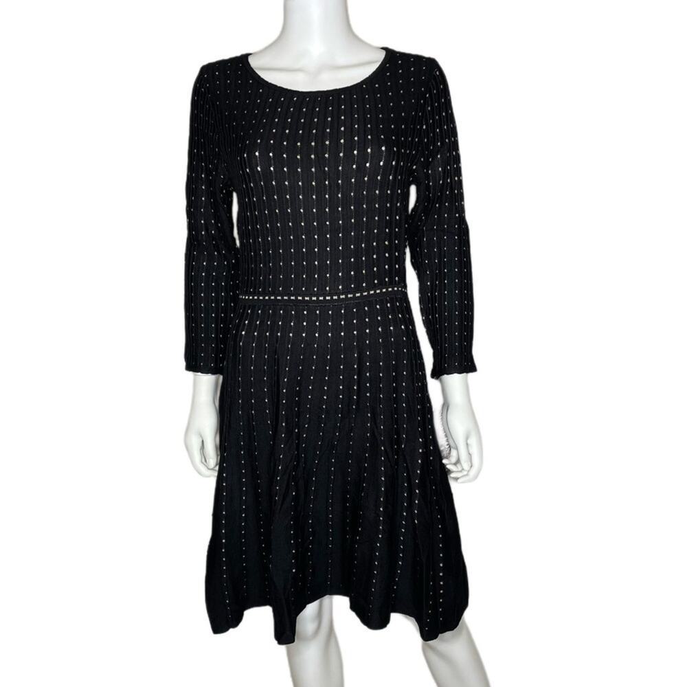 Nina Leonard Women's Black/Tan Contrast Dot Fit & Flare Sweater Dress sz M - Picture 2 of 6